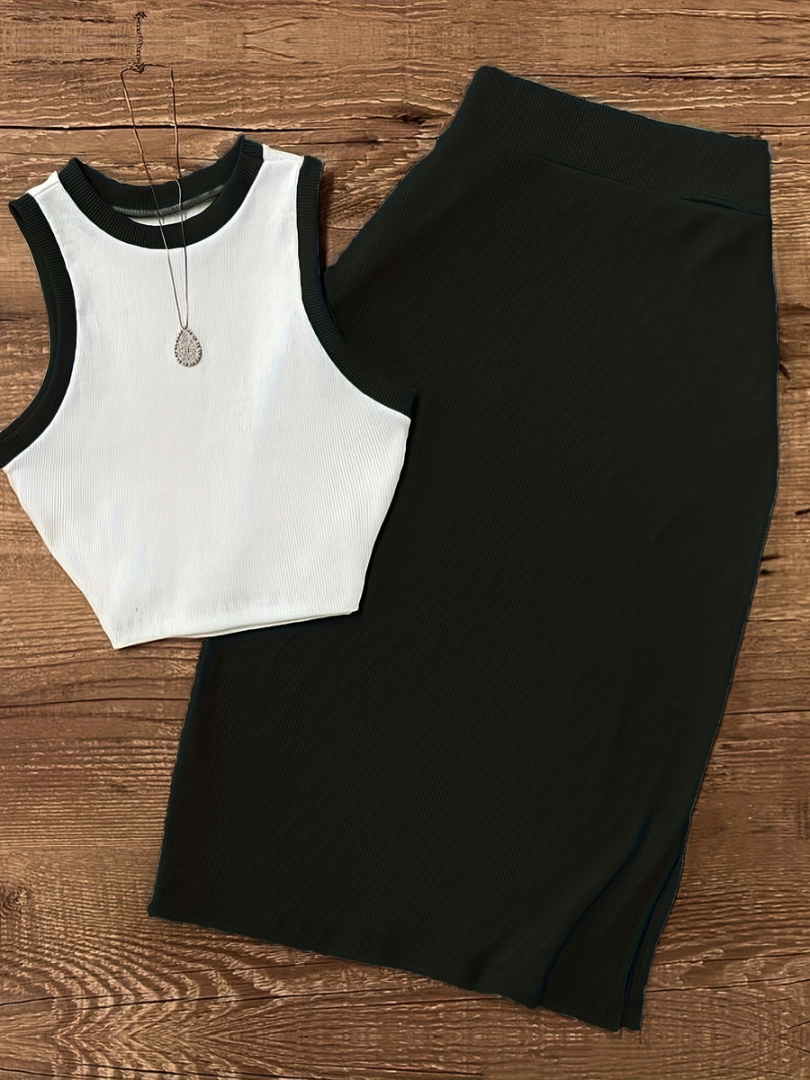 Women'S Sleeveless Vest And Slit Skirt Set - Black