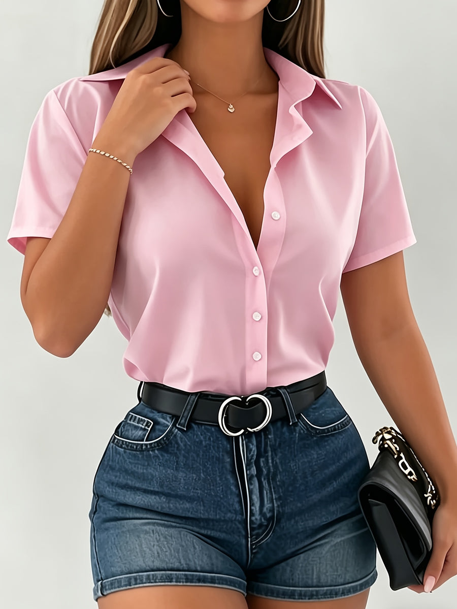 Spring/Summer Women's Short-Sleeve Solid Color Shirt for Daily and Commuting Wear, Machine Washable Shirt - Pink