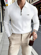 Men's Autumn/Winter Long Sleeve Lapel Outdoor Sports Printed Polo Shirt Casual Half-Zip Shirt - White