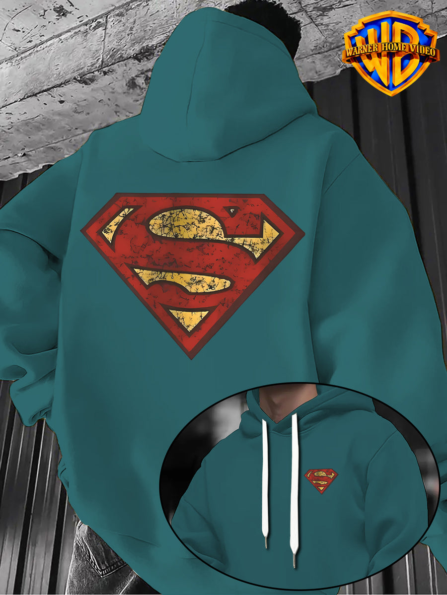 WB Warner Bros Official Superman Vintage Hoodie - Men's & Unisex Distressed Shield Logo Sweatshirt with S-Shield Back Print, Adjustable Hood, Loose Fit, Double-Sided Iconic WB Logo & Superman Emblem for Casual Wear, Machine Washable Warmth - Green