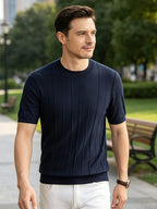 2026 Summer New Laysier And Linen Men'S Textured Vertical Pock-Dot Knit Short Sleeve Light Business Gentleman All-Match Round Neck Solid Color Casual T-Shirt - Navy Color