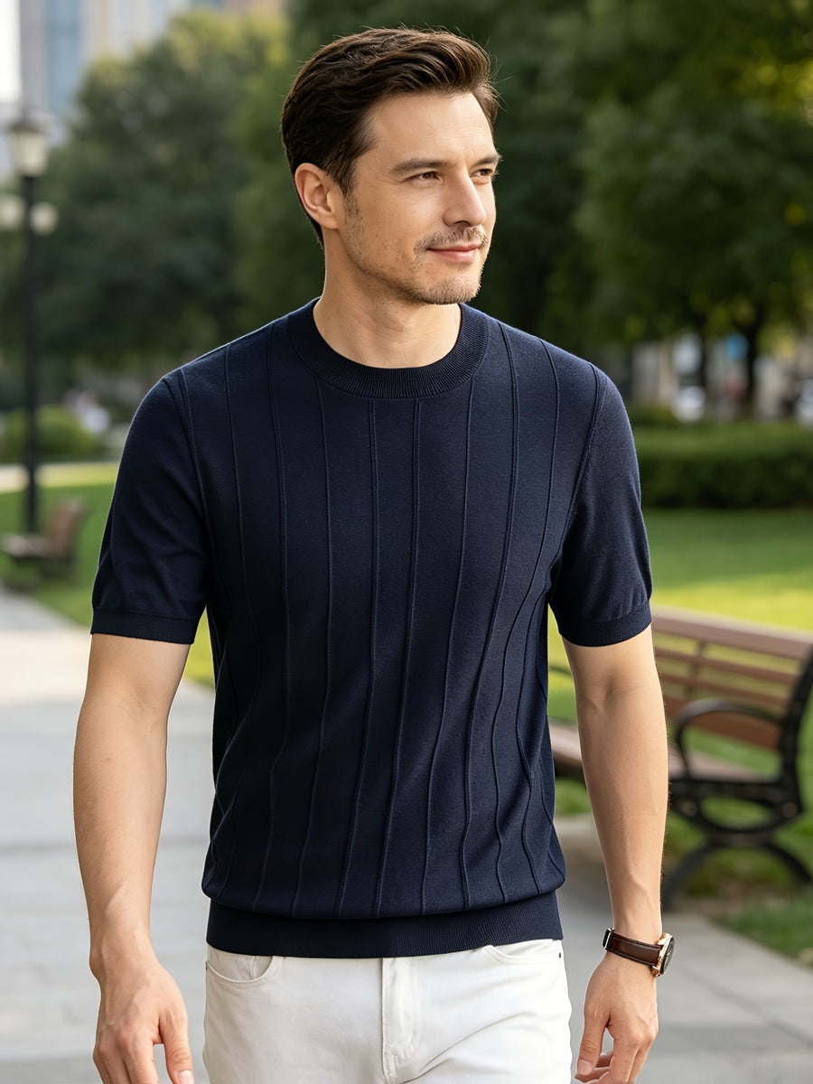2026 Summer New Laysier And Linen Men'S Textured Vertical Pock-Dot Knit Short Sleeve Light Business Gentleman All-Match Round Neck Solid Color Casual T-Shirt - Navy Color