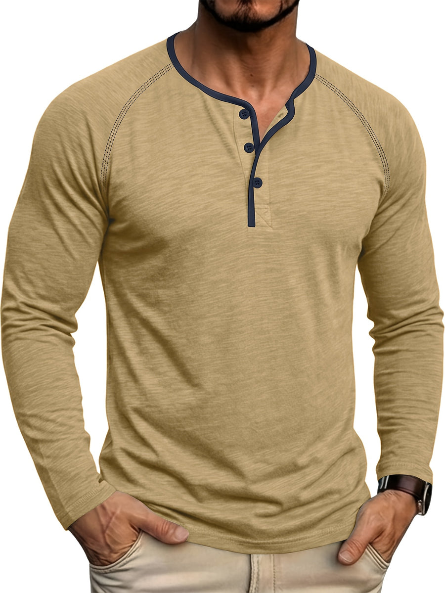Autumn/Winter Cross-Border Men's Long Sleeve Crew Neck Henley Shirt, European and American Style Men's Pullover Base Layer T-Shirt - Khaki