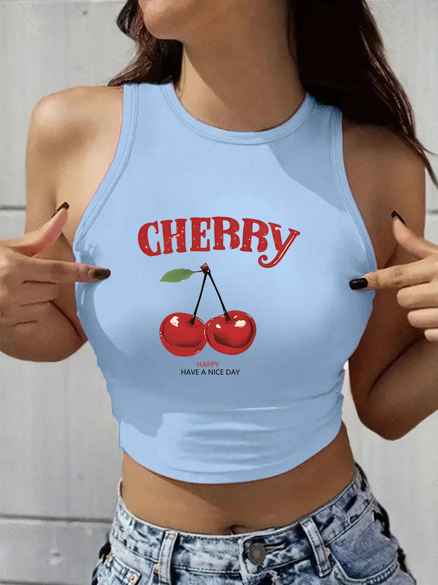 Women's Y2K Elegant Fashion Autumn/Summer Round Neck Tank Top, Cherry Print, Soft Fabric, Machine Washable Comfortable Knitwear, Trendy All-Season Street Style, Popular Loose-Fit Comfortable Multi-Color Option, Breathable Trendy Casual Top - Sky Blue