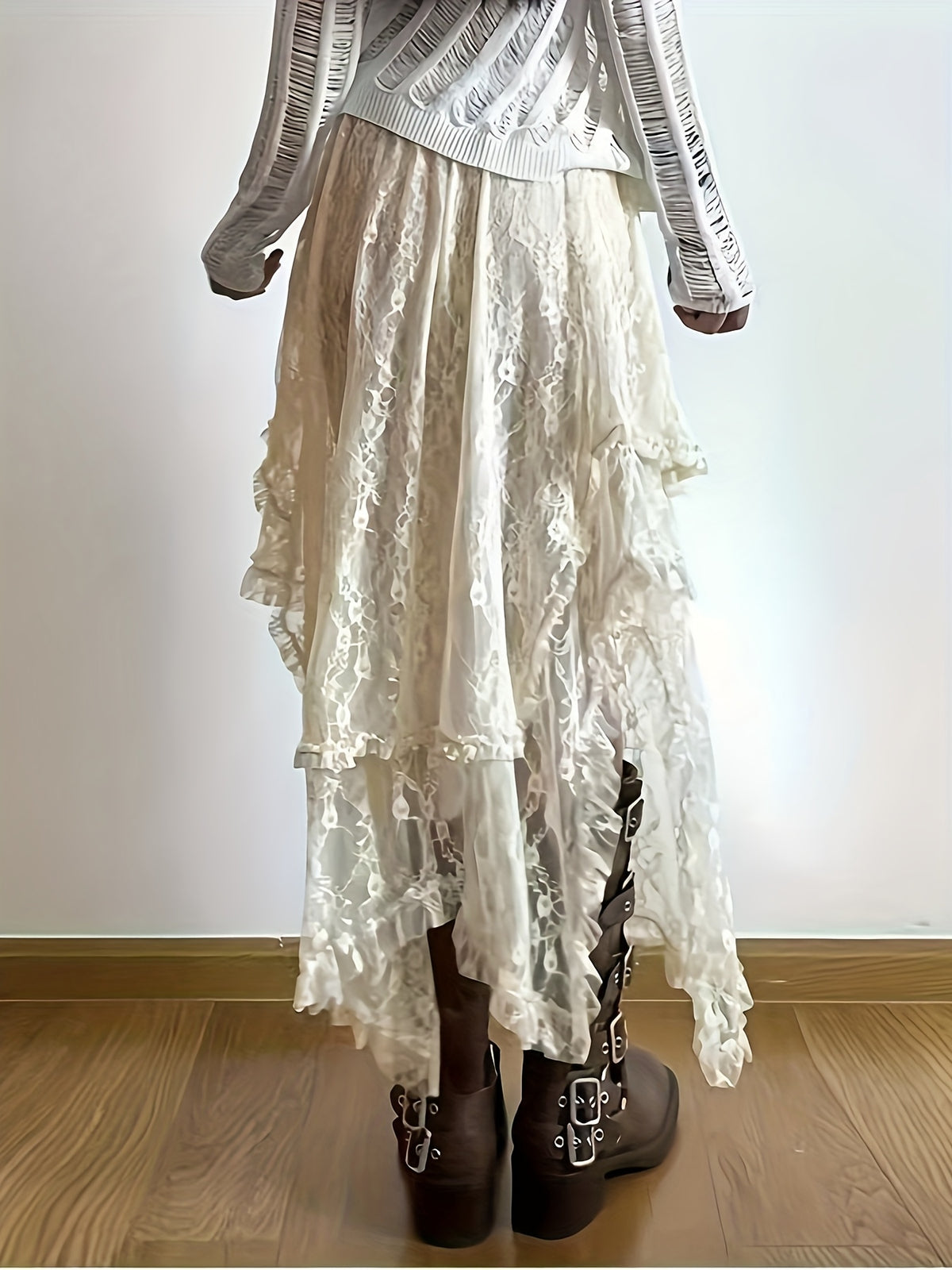 1307 Versatile Layered Irregular Lace Skirt, Bohemian Vacation Style Half Skirt - Beige