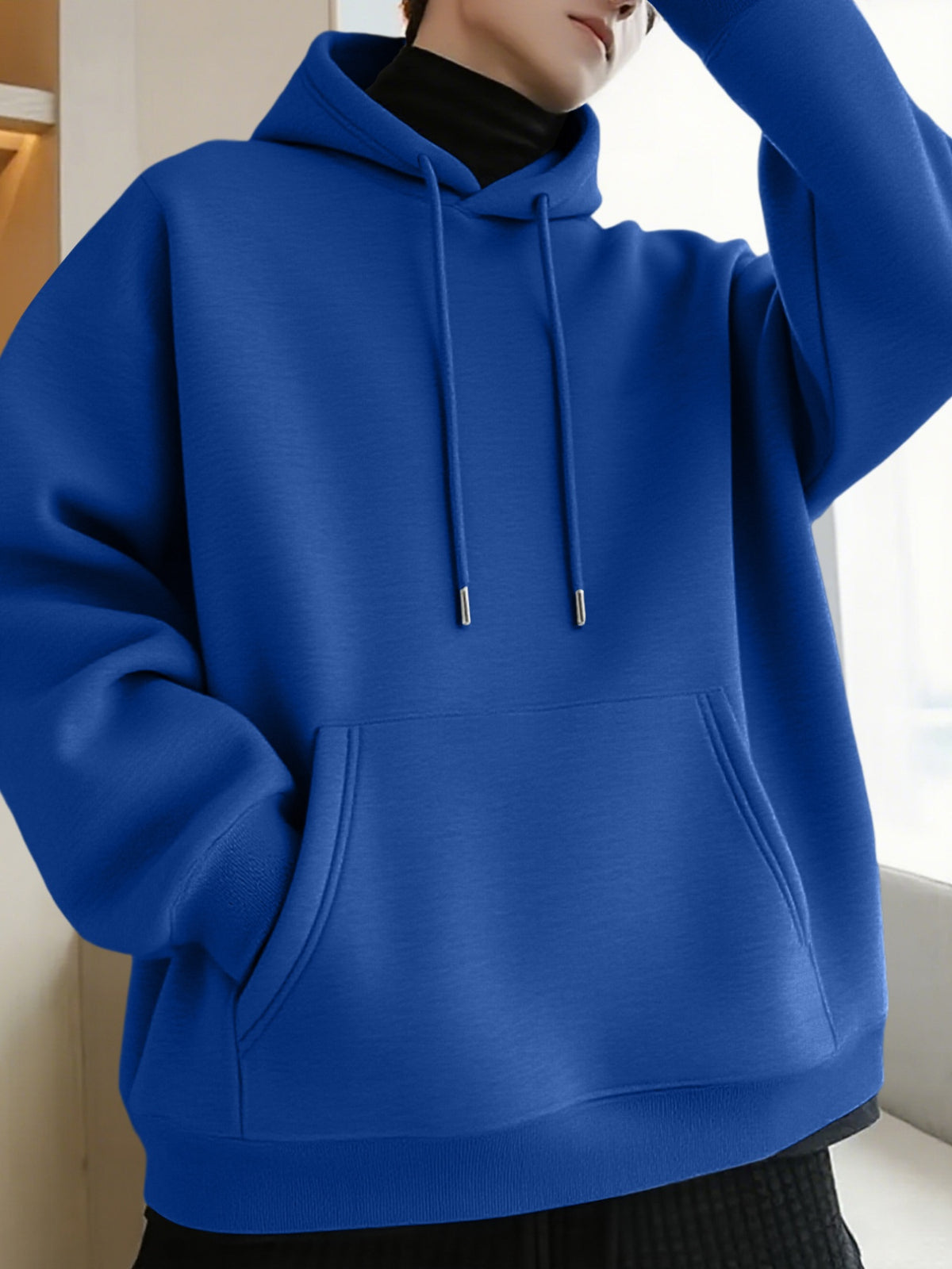 Thanksgiving Men's Hoodie with "AMOR" Blue Ink Splatter Graffiti Print on the Back, Warm and Comfortable Autumn/Winter Hooded Sweatshirt, Featuring a Practical Kangaroo Pocket, Trendy Brand-Style Stacked Letter Pattern and Floral Design - Royal Blue