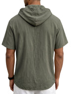Men's Breathable Half-Zip Hooded Short-Sleeve T-Shirt - Loose-Fit Linen Summer Top with Zipper Collar, Solid Color Casual Beachwear Suitable for Vacation, Outdoor & Casual Attire, Machine Washable Linen Shirt - Olive Green