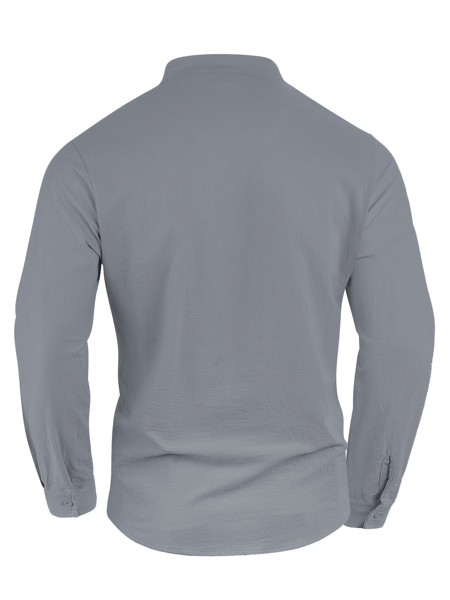 Men'S Linen Material Small Lapel Design Half-Open Button-Up Pullover Style Solid Color Casual Long Sleeve Shirt Suitable for Vacation Travel And Other Activities - Grey