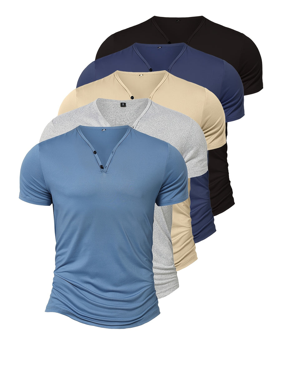 5-Pc, Men'S Lightweight Breathable V-Neck Henley Short Sleeve T-Shirts, Solid Color Button Detail, Slight Stretch Fitness Athletic Shirt, Comfortable Moisture-Wicking Sports Casual Henley, Suitable for Running, Training, Travel - Black Gray Green Blue Card