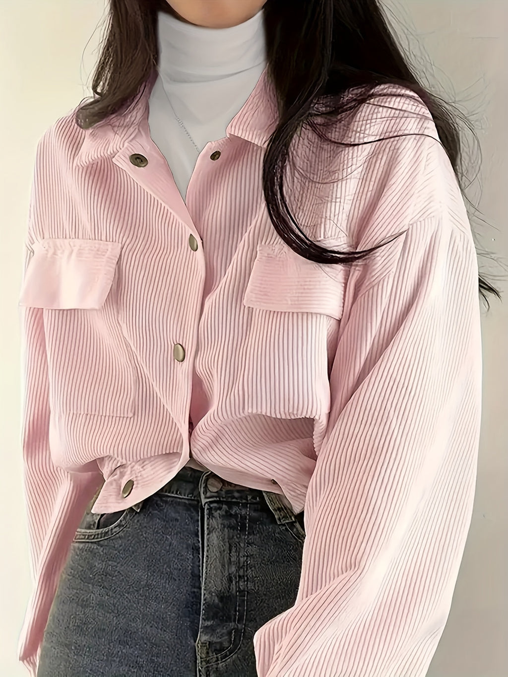 Beautiful Ladies' Jacket On, New Valentine'S Day Arrivals, Women'S Jacket Discounts, Solid Color Corduroy Pocket Lapel Long-Sleeved Coat Casual Jacket Cardigan, Suitable for Casual to Semi-Formal Attire, Layered Wear, Classic Design - Pink Color