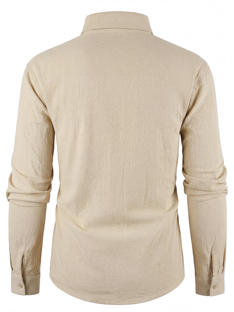 New Spring/Autumn Men's Long-Sleeve Shirt, Smooth Textured Linen Shirt with ECG Palm Tree Heart Line English Print, Loose and Breathable Lapel Shirt, Casual Comfortable Versatile Men's Top, Low-Key Minimalist American Vacation Style Men's Cardigan - Off-white
