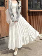 Fashionable Multi-Layer Patchwork Solid Color Elegant Long Skirt with Elastic Waist, A-Line Design, Lined to Prevent See-Through, Women's Skirt - White