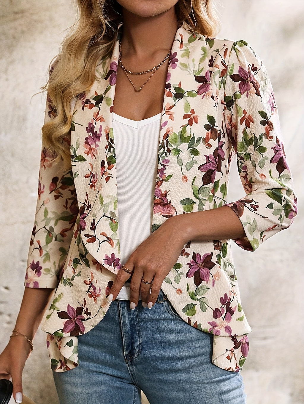 Women'S Elegant Floral Print Ruffled Hem Waist-Cinching Front-Open Blazer, Comfortable, Commute - Polychrome