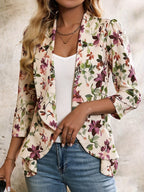 Women'S Elegant Floral Print Ruffled Hem Waist-Cinching Front-Open Blazer, Comfortable, Commute - Polychrome