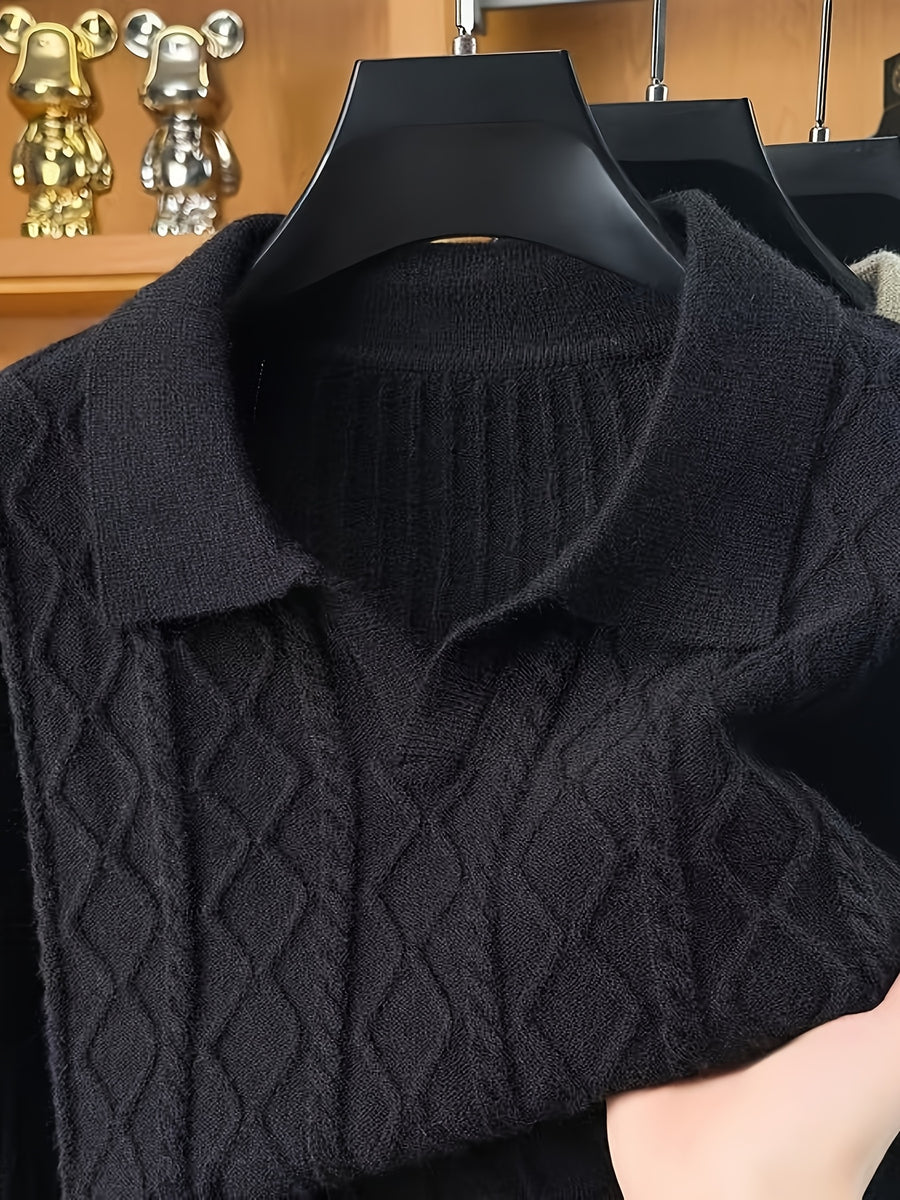 Men's Autumn/Winter Lapel Sweater Vintage Long-Sleeve Pullover Base Layer - Black
