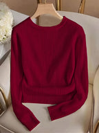 Women's Solid Color Elegant Round Neck Metal Button Decor Long Sleeve T-Shirt, Simple Fashion Top, Dignified and Delicate, Suitable for Spring and Autumn, Vintage Fashion, Elegant Commute, for Daily Wear, Office Wear, Party, Wedding, Holiday Wear - Red