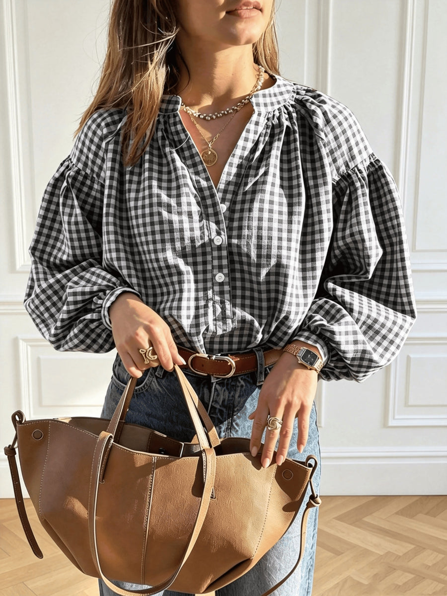 Fresh Plaid V-Neck Loose Fit Commuter Long Sleeve Shirt with Contrast Color Plaid and Front Buttons - Black