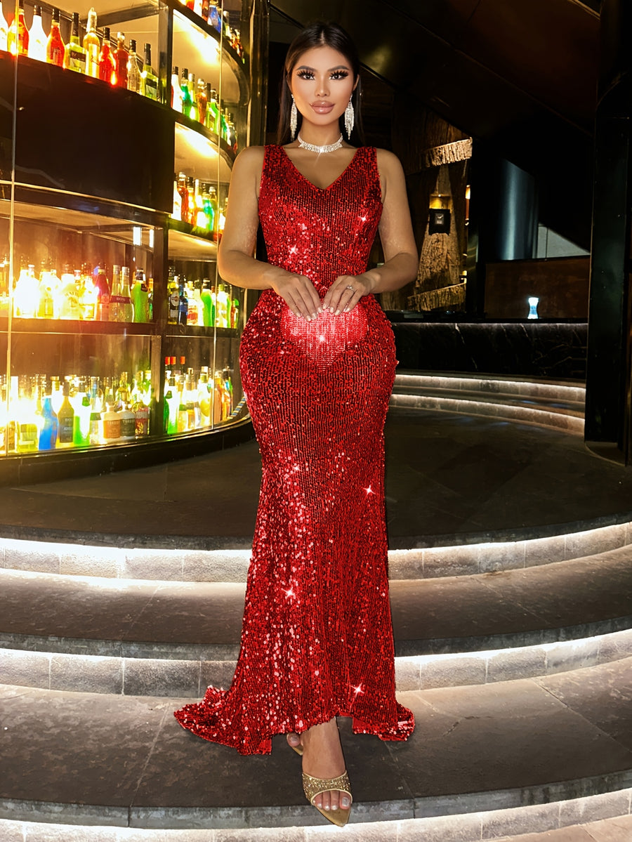 New Fashionable Women's Spring/Summer High-End Sequin Off-Shoulder Backless Waist-Cinching Mermaid Long Dress, Evening Gown for Prom, Party, Slim-Fit, Gorgeous, Elegant, and Graceful Dress, Wedding Guest Attire, Prom Evening Gown, Music Festival - Red