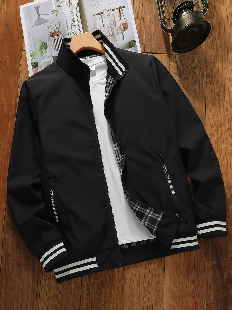 Spring/Autumn New Men's Flight Jacket, Casual Versatile Ribbed Hem Lightweight Stand Collar Coat - Black