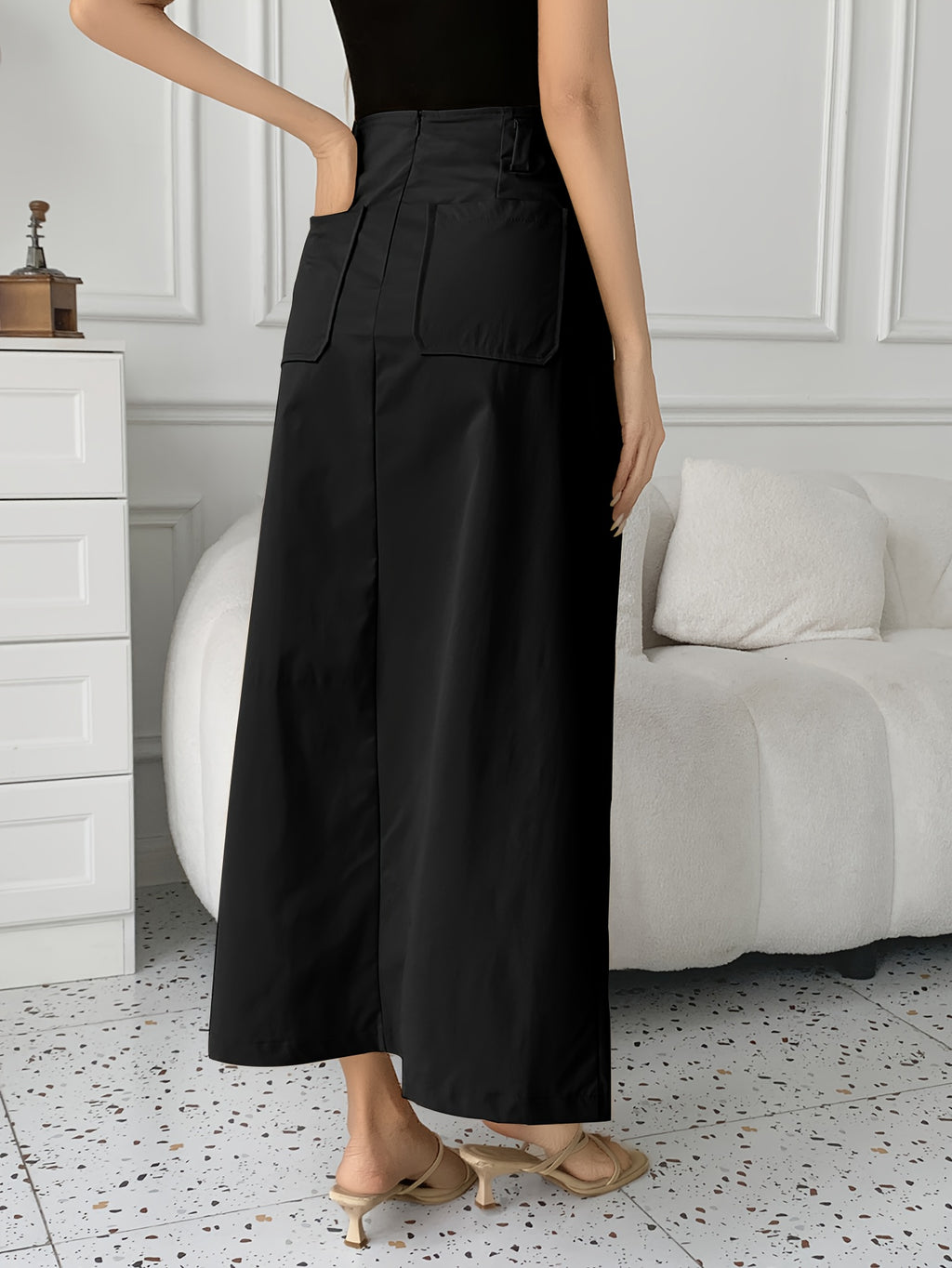 Women'S Old Money Style Elegant Commuter Solid Pocket Mid-Waist Slit A-Line Maxi Skirt (No Belt), Suitable for Dates/Vacation/Outing/Casual/Commute/Elegant/Fashion/Casual/Office/Retro/Holiday/Fun/Elegant/Old Money Style/Streetwear/Vacation Wear/Coun - Black