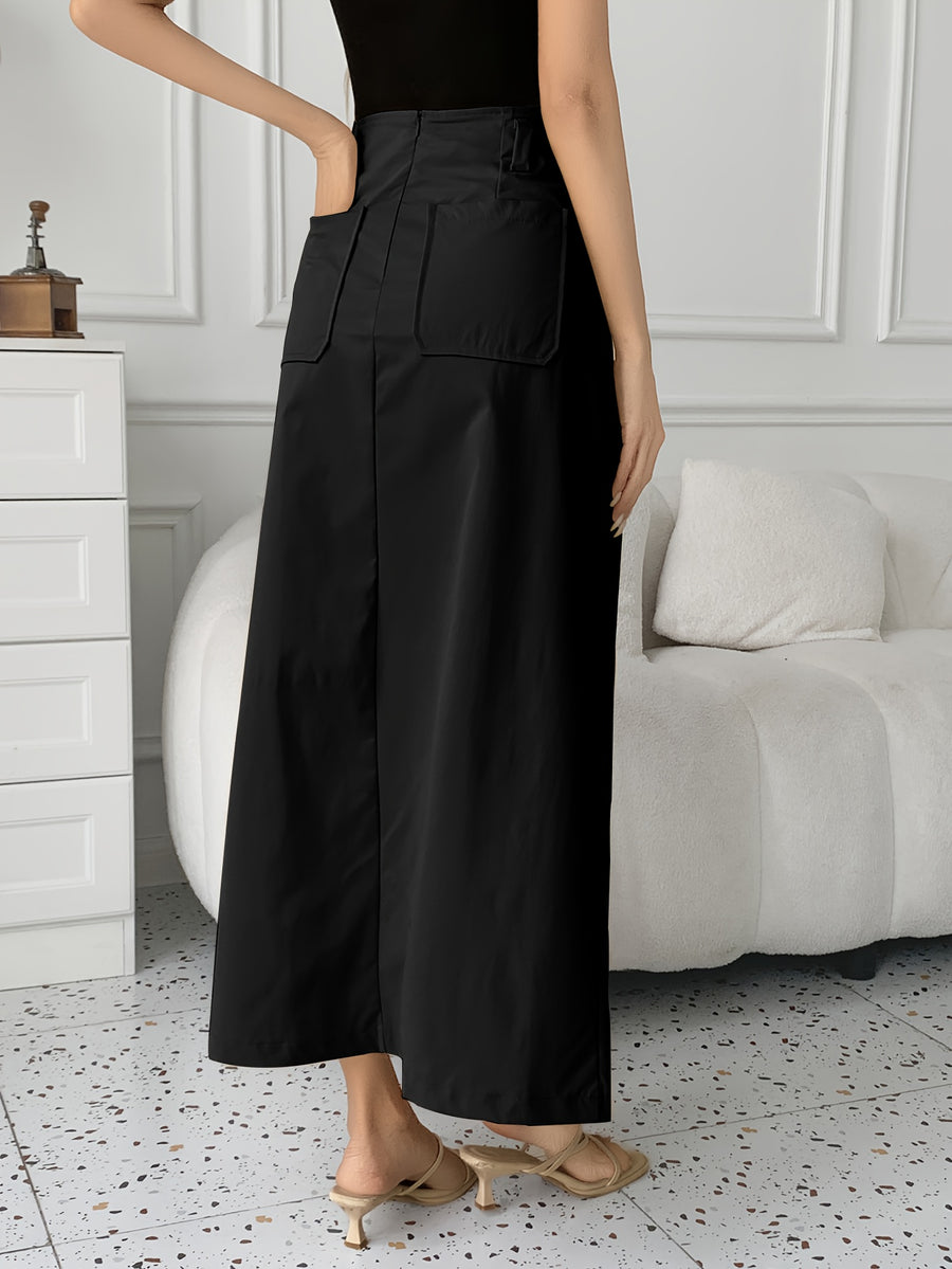 Women'S Old Money Style Elegant Commuter Solid Pocket Mid-Waist Slit A-Line Maxi Skirt (No Belt), Suitable for Dates/Vacation/Outing/Casual/Commute/Elegant/Fashion/Casual/Office/Retro/Holiday/Fun/Elegant/Old Money Style/Streetwear/Vacation Wear/Coun - Black