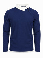 Pearson OBM Christmas Holiday Event, 1pc Adult Men's Multi-Color Fine Waffle Knit Long-Sleeve Lapel Top with Contrast Collar, Dual Black Buttons, and Asymmetrical Slanted Placket Design, Vintage Street-Style Light Luxury Look, Comfortable Fit - Navy Color