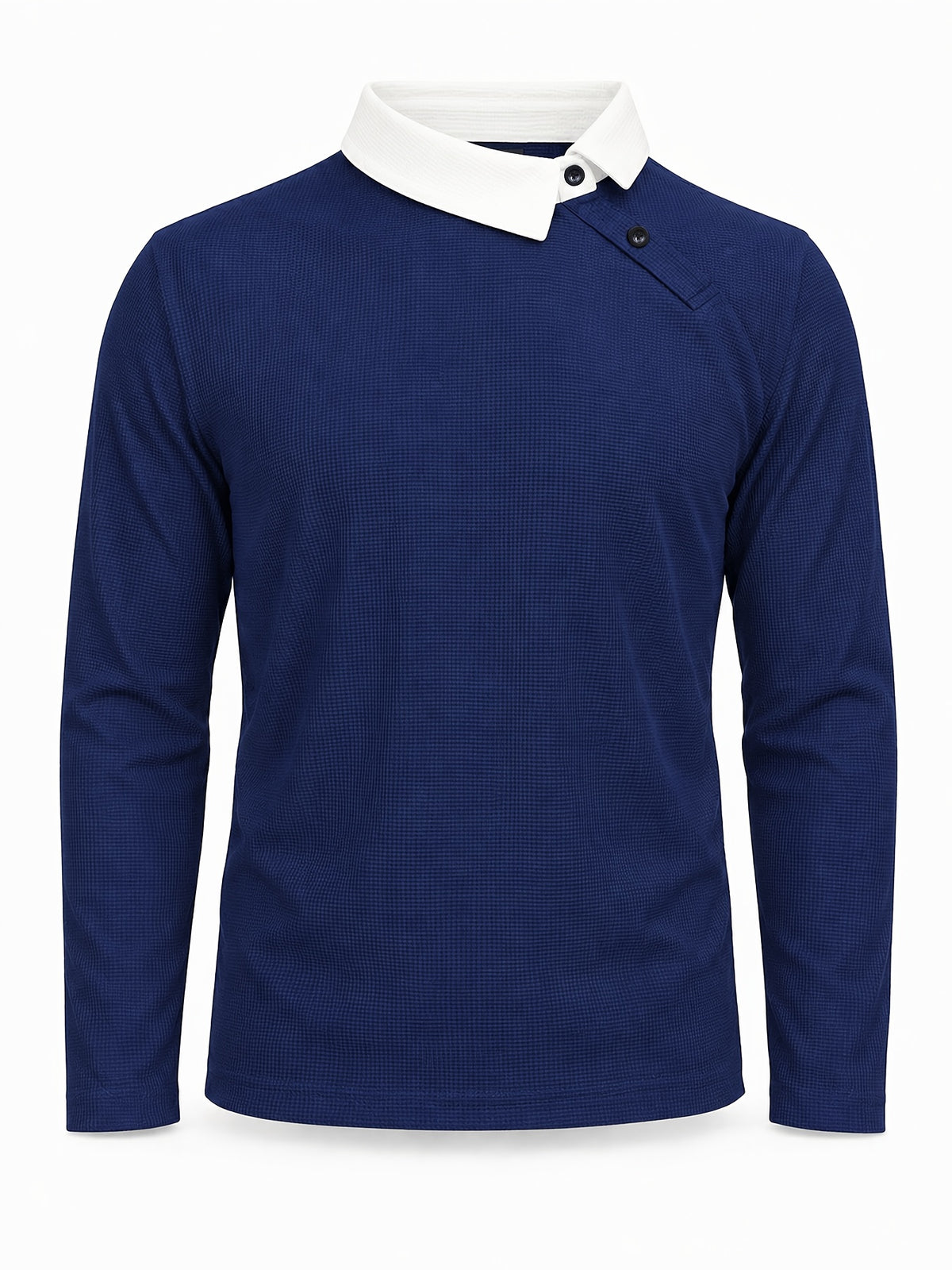 Pearson OBM Christmas Holiday Event, 1pc Adult Men's Multi-Color Fine Waffle Knit Long-Sleeve Lapel Top with Contrast Collar, Dual Black Buttons, and Asymmetrical Slanted Placket Design, Vintage Street-Style Light Luxury Look, Comfortable Fit - Navy Color