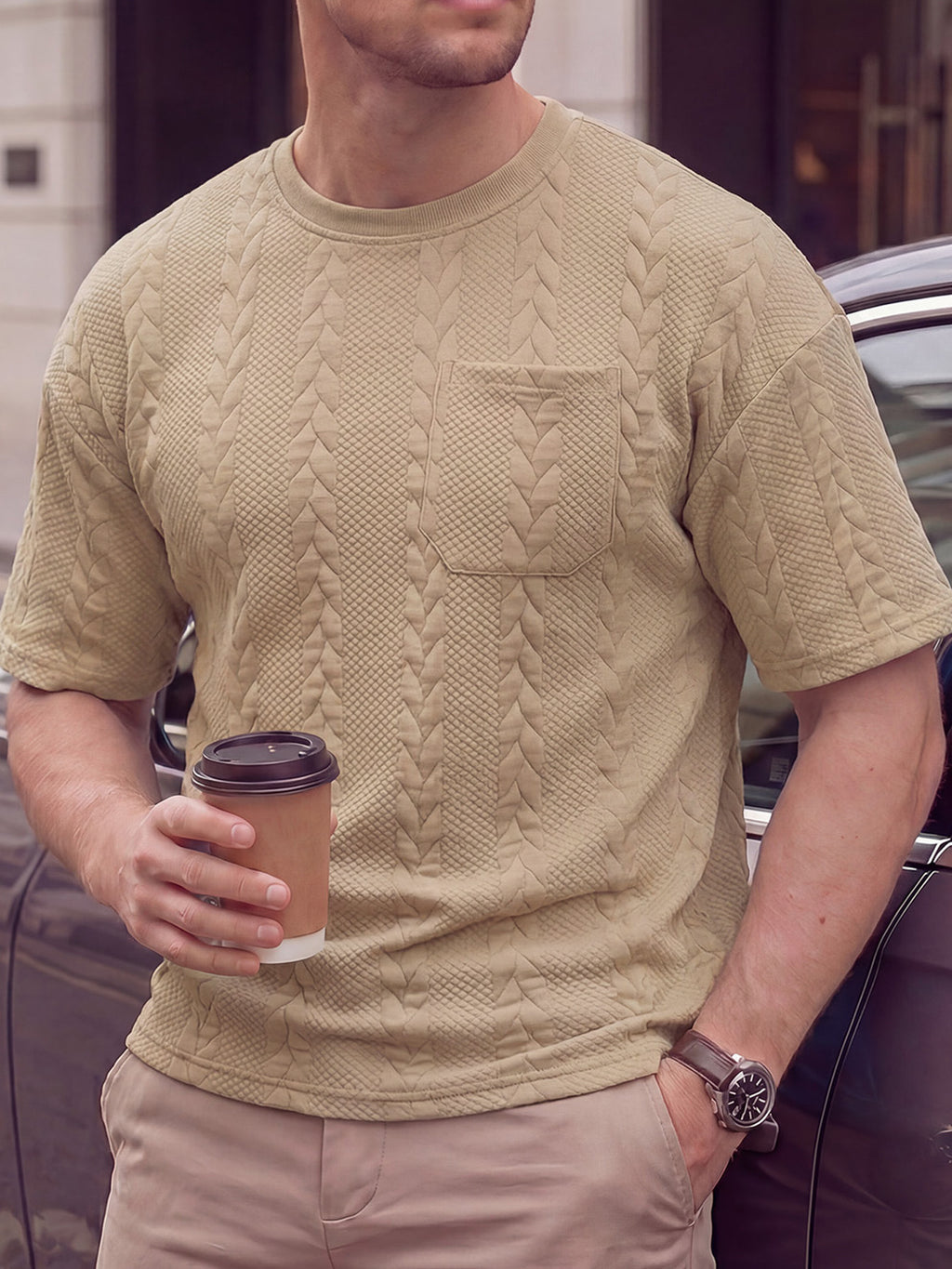 KJ-T037 Men'S Round Neck Jacquard Textured Tactile Pocket Short Sleeve Top T-Shirt Casual Men'S T-Shirt - Khaki