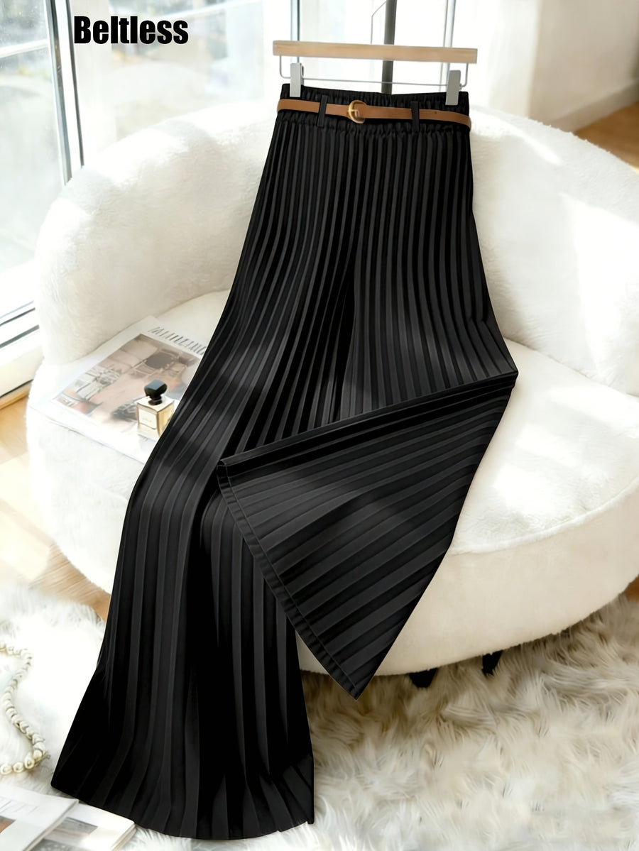 ASD1 Women's New Elegant Solid Color Stretch Waist Pleated Wide-Leg Pants, Designed Specifically for Commuting, Belt Not Included - Black