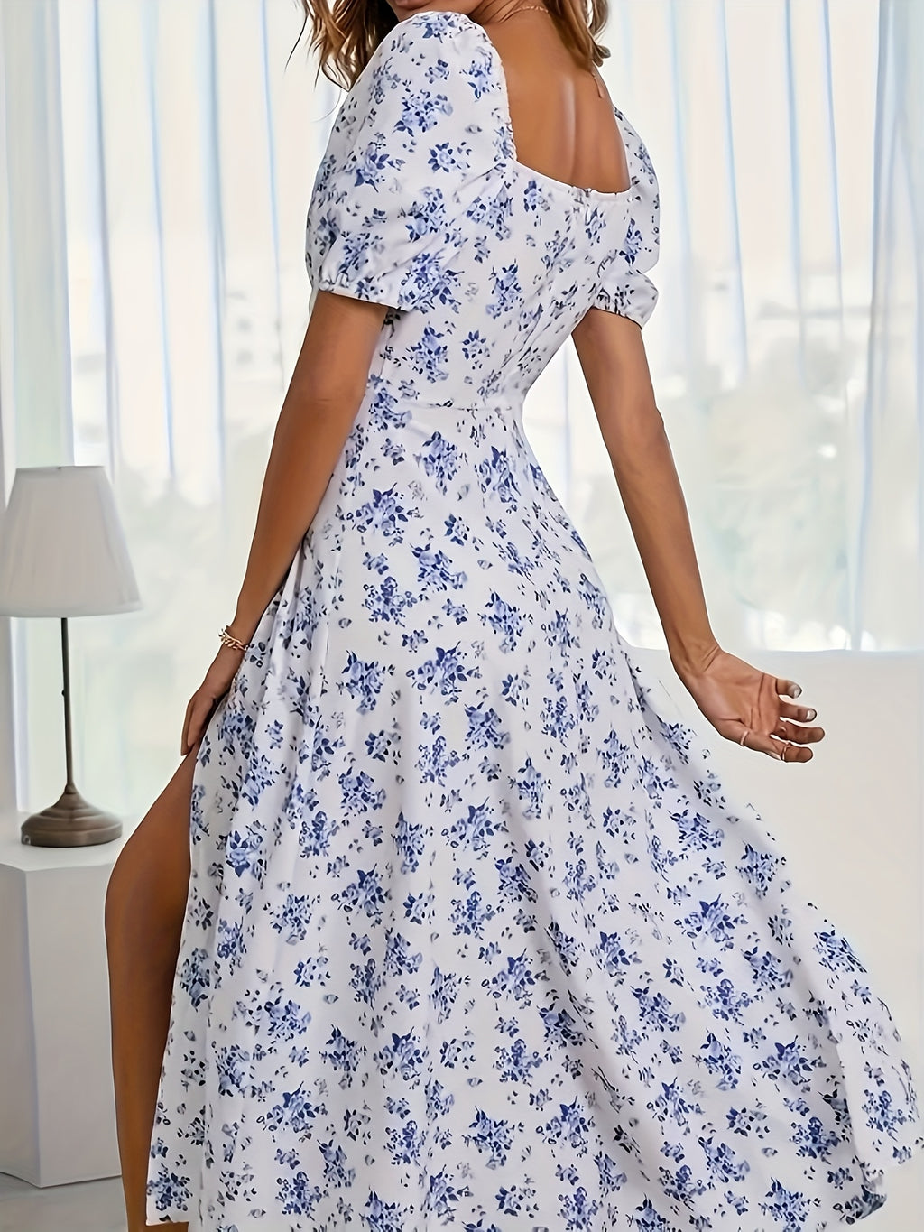 Dusk Mist Spring/Summer Floral Print Puff Sleeve Dress, Fashionable A-Line Hem with Side Slit, Women's Clothing - Light Blue