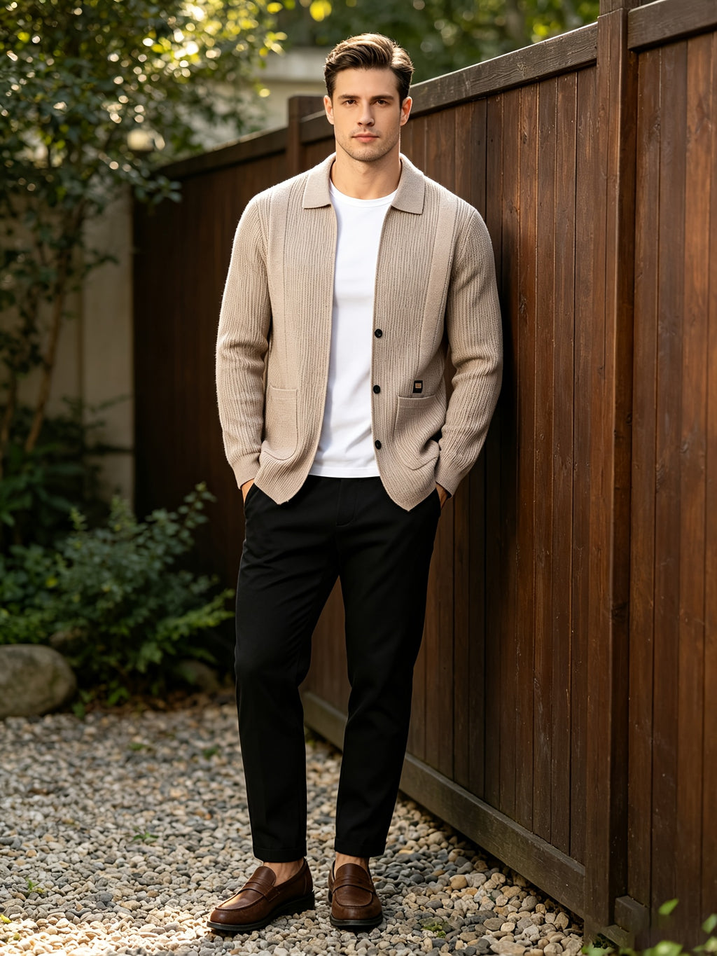 Men's Lightly Mature Business Casual Lapel Knit Cardigan, Vertical Stripe Textured Breathable Wrinkle-Resistant Knit Outerwear, Comfortable, Soft, and Skin-Friendly, with Simple Single-Breasted Design and Dual Pockets, Structured Fit for a Slimming - Camel