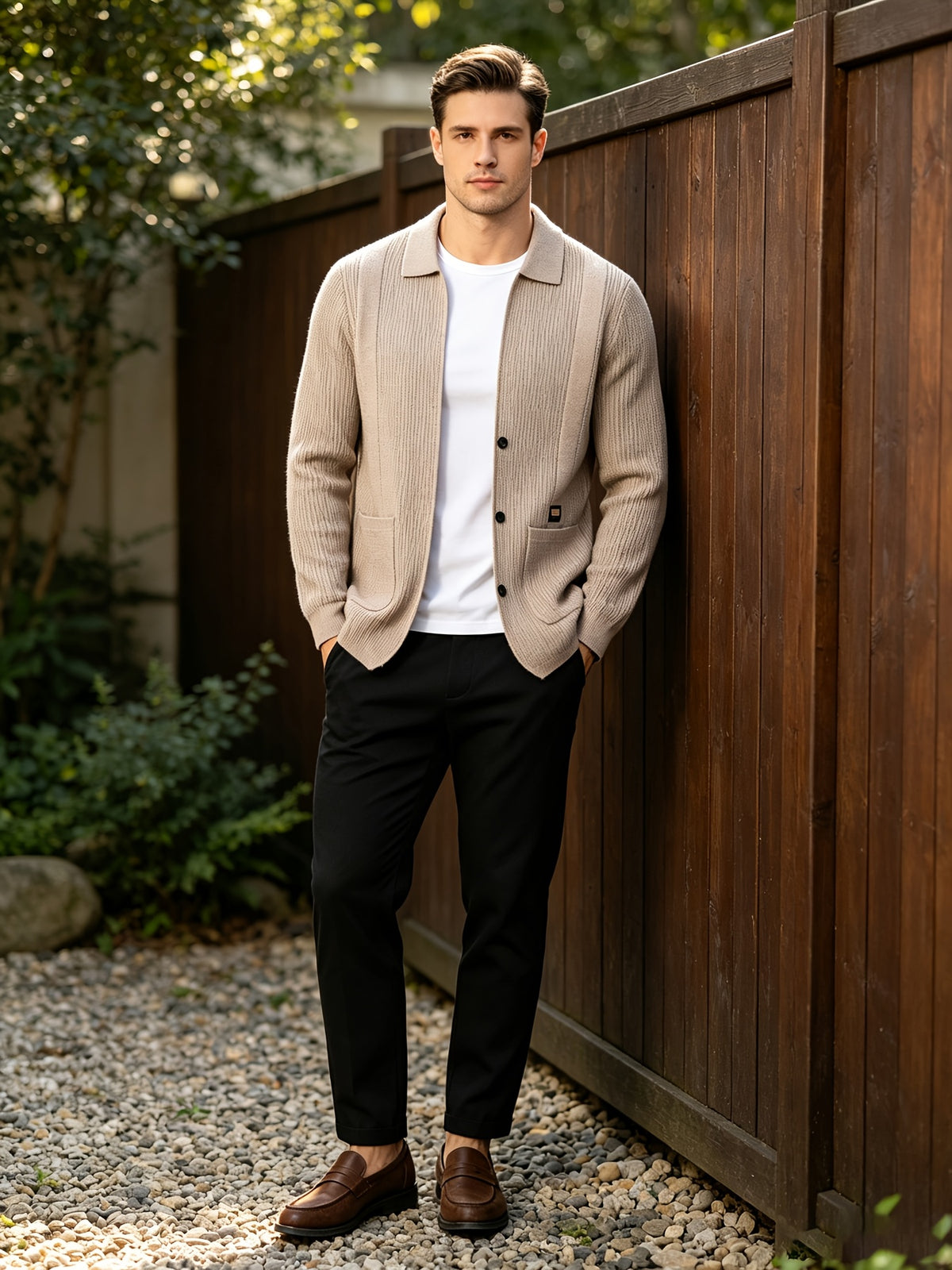 Men's Lightly Mature Business Casual Lapel Knit Cardigan, Vertical Stripe Textured Breathable Wrinkle-Resistant Knit Outerwear, Comfortable, Soft, and Skin-Friendly, with Simple Single-Breasted Design and Dual Pockets, Structured Fit for a Slimming - Camel