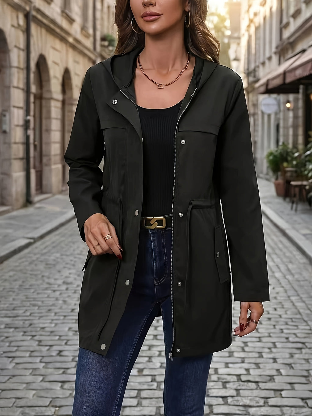 Spring And Autumn Styles. Casual Workwear, Drawstring Waist Belt, Hooded Jacket - Black