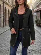 Spring And Autumn Styles. Casual Workwear, Drawstring Waist Belt, Hooded Jacket - Black