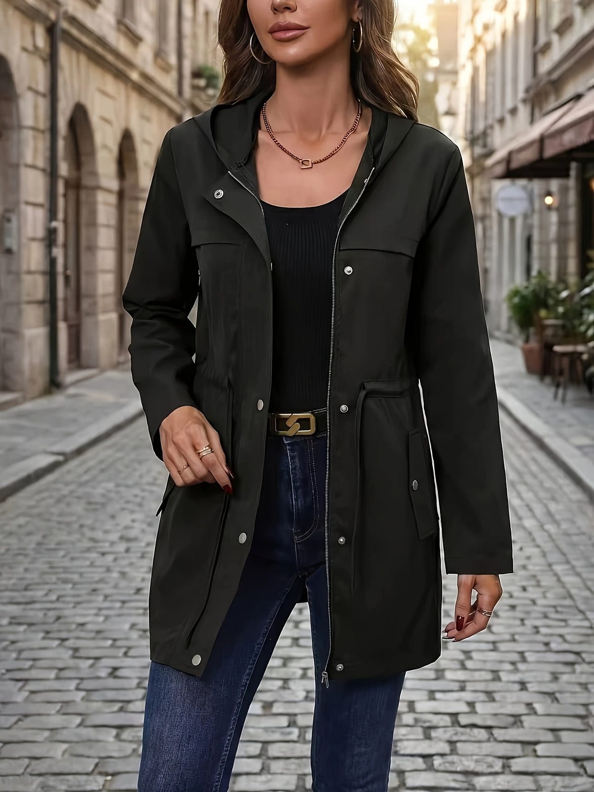 Spring And Autumn Styles. Casual Workwear, Drawstring Waist Belt, Hooded Jacket - Black