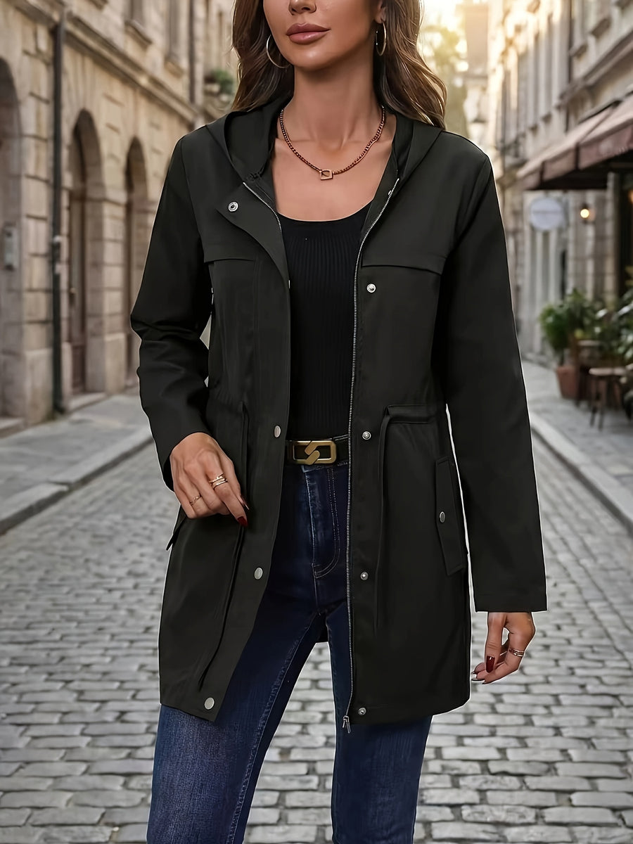 Spring And Autumn Styles. Casual Workwear, Drawstring Waist Belt, Hooded Jacket - Black