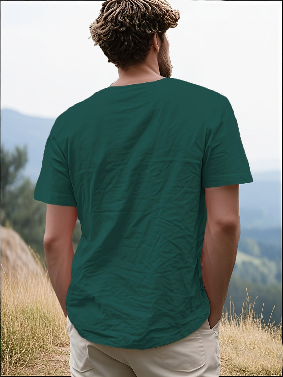 Men's Casual T-Shirt, Versatile Summer Short-Sleeve Top, Fashionable Solid Color Sweatshirt, Crew Neck with Drawstring Design - Lightweight and Breathable, Machine Washable, Suitable for Daily Wear and Outdoor Leisure - Dark Green