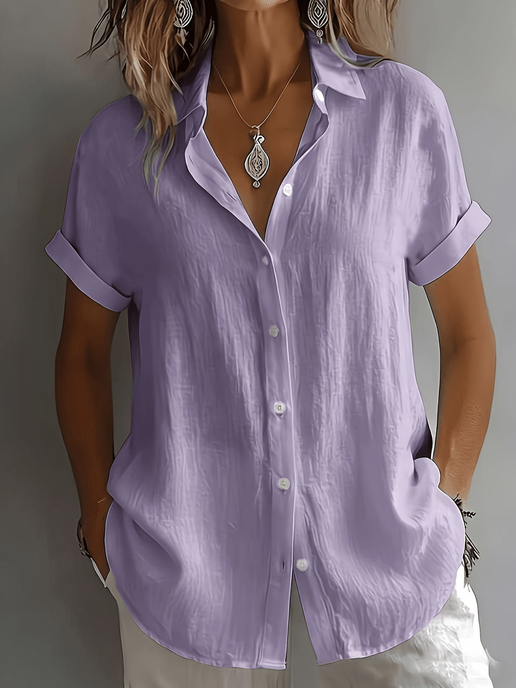 Women'S Elegant Vacation Style Short Sleeve Top, Loose Lazy Shirt, Commute Casual Literary Style, And Covering, Daily Temperament Style, Loose Drape, Breathable And Comfortable - Purple