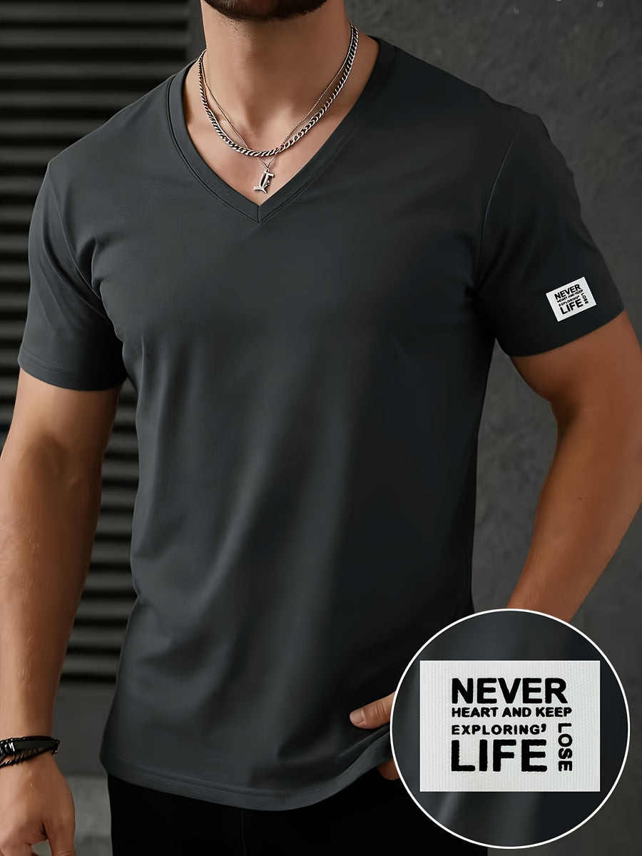 Men'S Patchwork V-Neck Short Sleeve T-Shirt, Suitable for Summer Outdoor Casual Wear, Casual Versatile Knit Top - Dark Gray 2