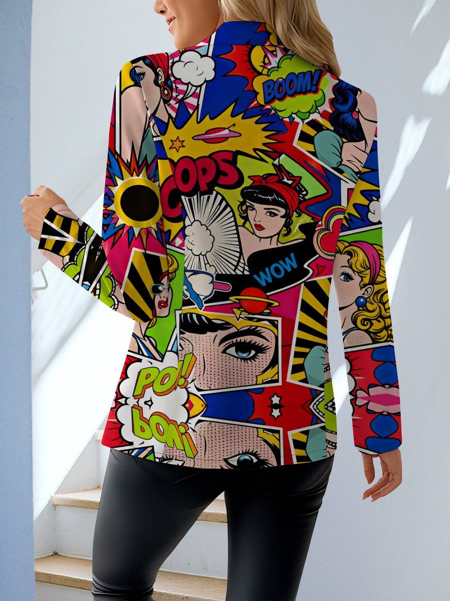 Designed for Spring And Autumn, This Elegant Women'S Blazer Is an Ideal Choice for Comfortable, Everyday Wear. It Features a Sophisticated, Harmonious Color Palette And a Unique Comic-Style Graffiti Print, Exuding an Air of Mature Elegance - Multicolor Print