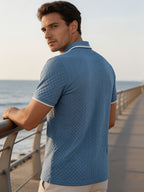 Men'S Quarter-Zip Knit Polo Shirt, Textured Diamond Jacquard Short Sleeve Top, Summer Golf Casual Office Street Wear - Sky Blue