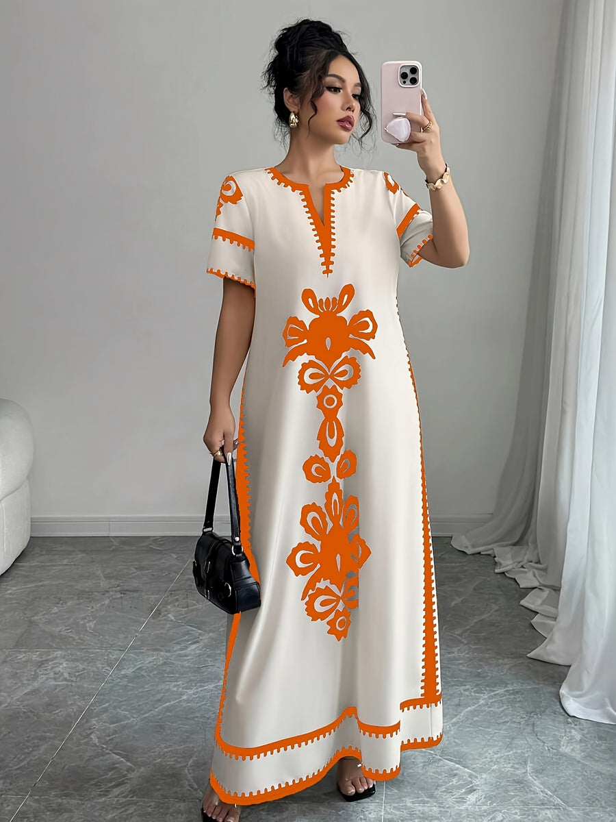 Middle Eastern Ramadan Themed Elegant Spring And Summer Party Dress with a V-Neck Short Sleeves And Paisley Print - Orange