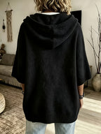 Women's Casual Hooded Drawstring Top Loose Off-Shoulder Wide 3/4 Sleeve Soft Sweatshirt Oversized Body-Covering Batwing Sleeve Pullover Ribbed Hem Solid Color Slouchy Hoodie - Black