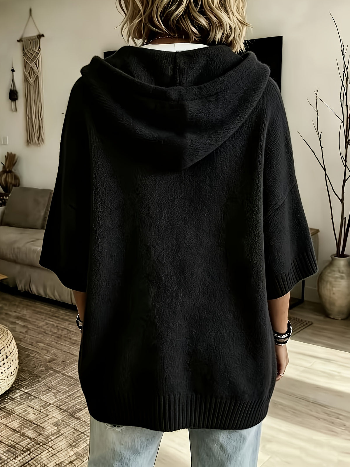 Women's Casual Hooded Drawstring Top Loose Off-Shoulder Wide 3/4 Sleeve Soft Sweatshirt Oversized Body-Covering Batwing Sleeve Pullover Ribbed Hem Solid Color Slouchy Hoodie - Black
