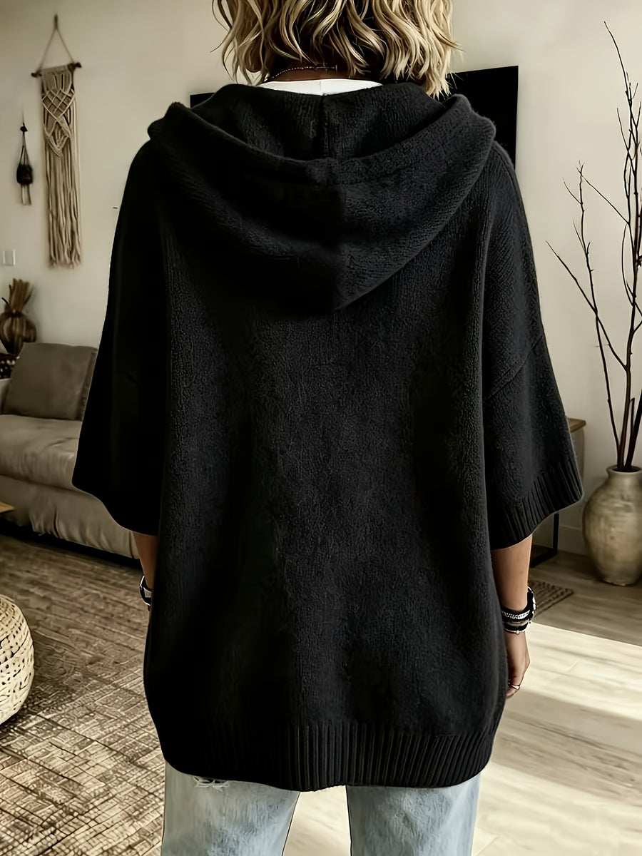 Women's Casual Hooded Drawstring Top Loose Off-Shoulder Wide 3/4 Sleeve Soft Sweatshirt Oversized Body-Covering Batwing Sleeve Pullover Ribbed Hem Solid Color Slouchy Hoodie - Black