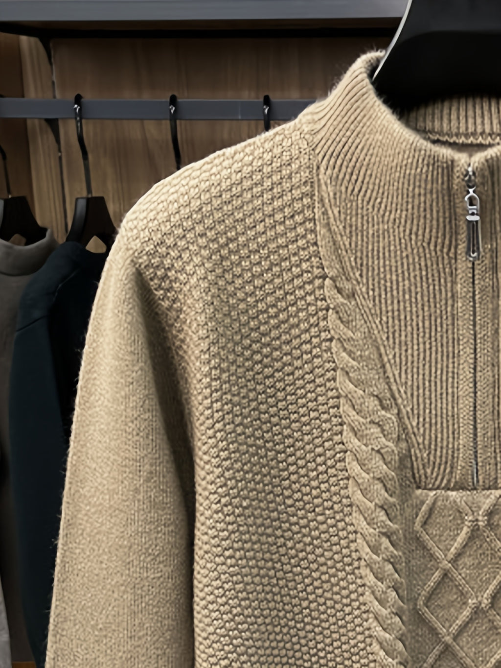 Men'S Thickened Semi-Open Zipper Stand Collar Knit Sweater, Ribbed Cuffs And Hem, Autumn/Winter Style, Single Wear And Layering, Light Mature Business Casual Style - Camel