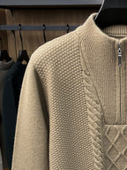 Men'S Thickened Semi-Open Zipper Stand Collar Knit Sweater, Ribbed Cuffs And Hem, Autumn/Winter Style, Single Wear And Layering, Light Mature Business Casual Style - Camel