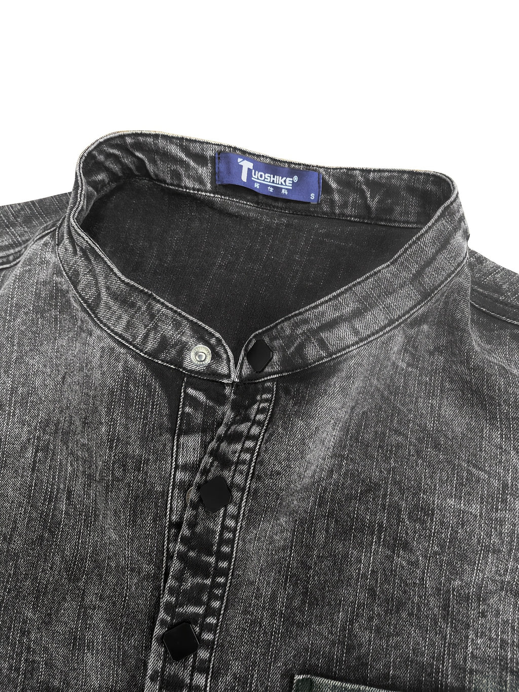 Men's Casual Denim Stand Collar Half-Open Placket Henley Shirt with Chest Pocket and Long Sleeves - Graphite Color
