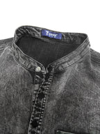 Men's Casual Denim Stand Collar Half-Open Placket Henley Shirt with Chest Pocket and Long Sleeves - Graphite Color