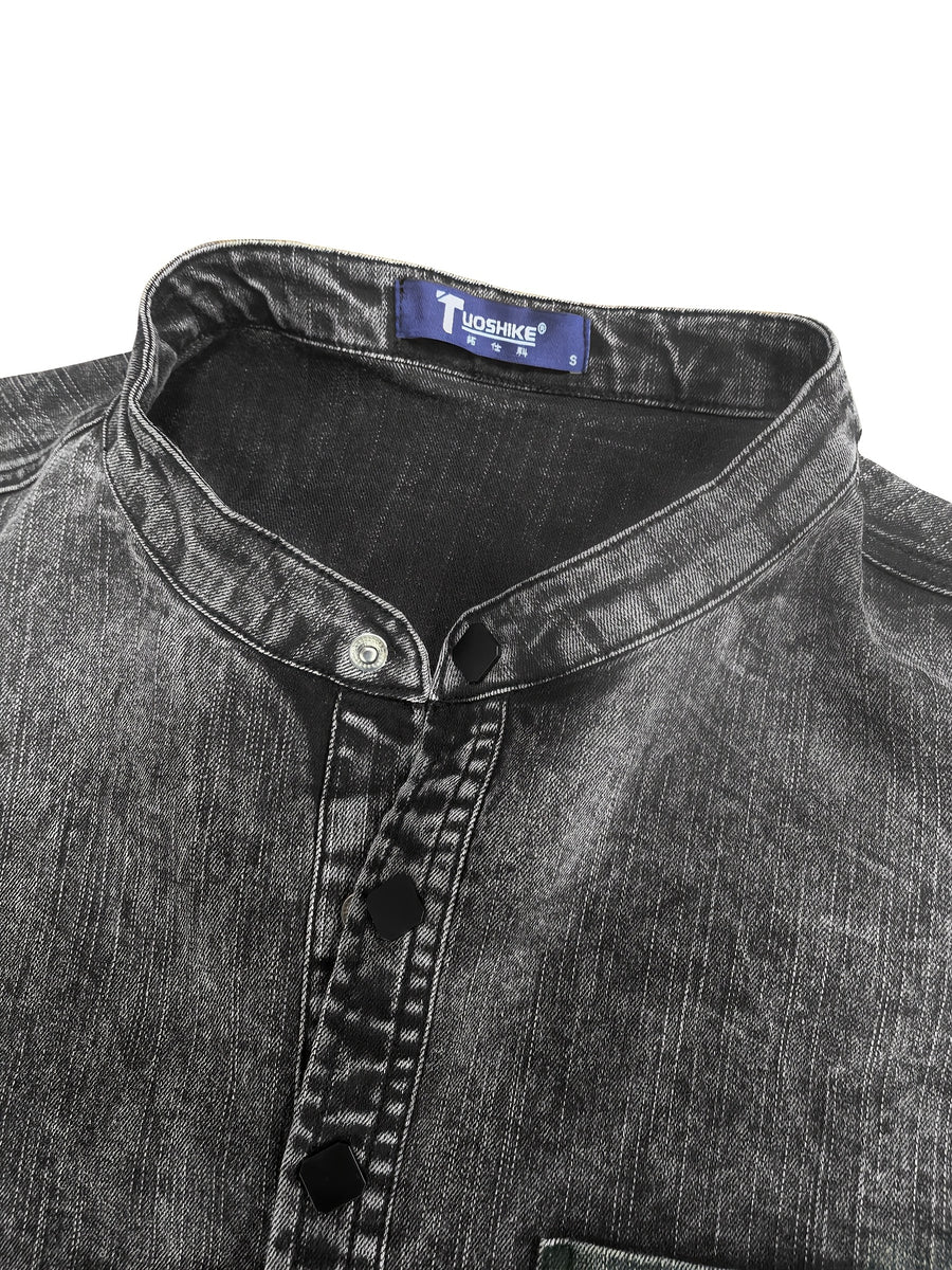 Men's Casual Denim Stand Collar Half-Open Placket Henley Shirt with Chest Pocket and Long Sleeves - Graphite Color